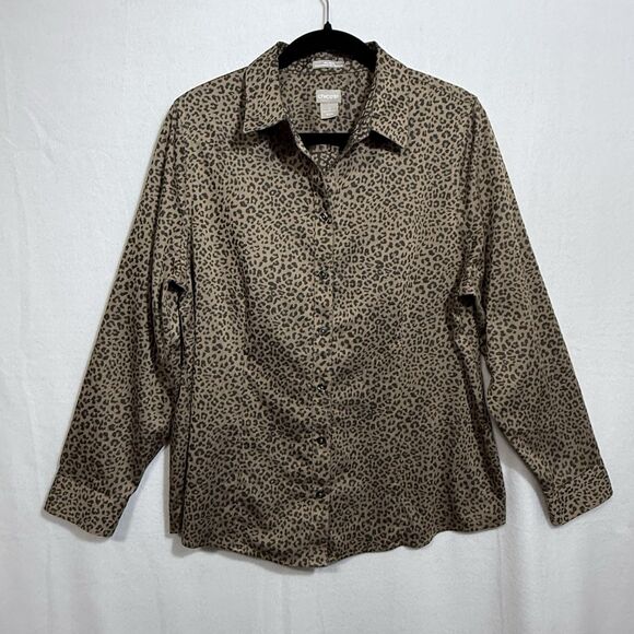 Chico's No Iron Button Leopard Print Button Up Shirt Blouse Size 2 US 12/14 - Picture 1 of 9
